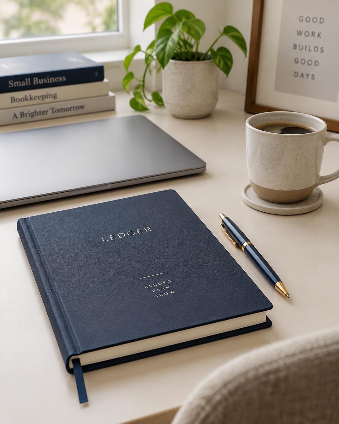 A tidy desk with a ledger notebook, laptop and coffee
